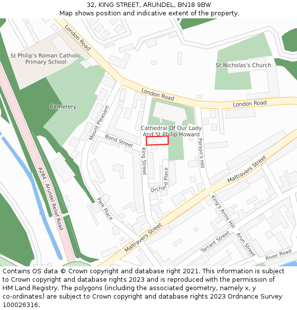 32, KING STREET, ARUNDEL, BN18 9BW: Location map and indicative extent of plot