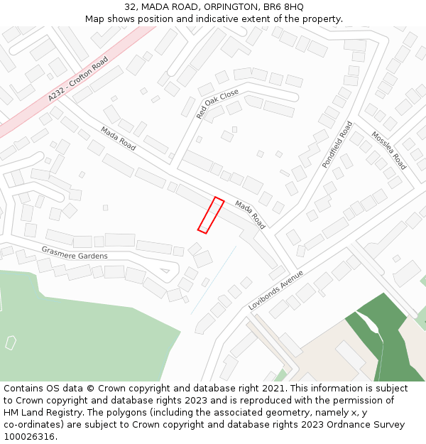 32, MADA ROAD, ORPINGTON, BR6 8HQ: Location map and indicative extent of plot