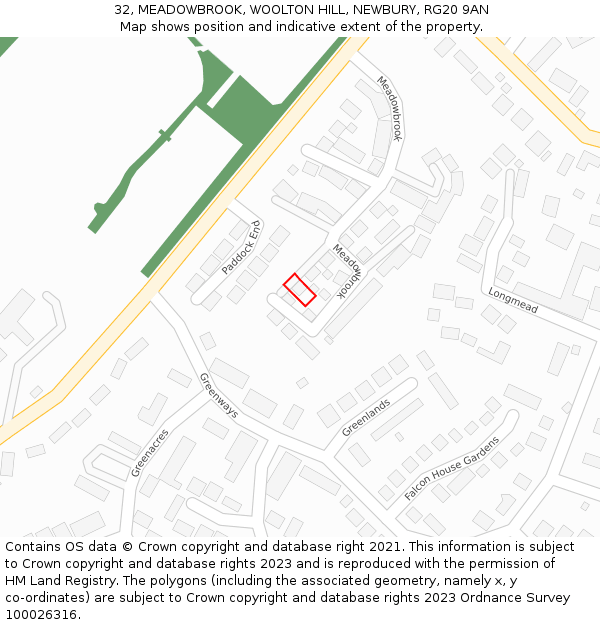 32, MEADOWBROOK, WOOLTON HILL, NEWBURY, RG20 9AN: Location map and indicative extent of plot