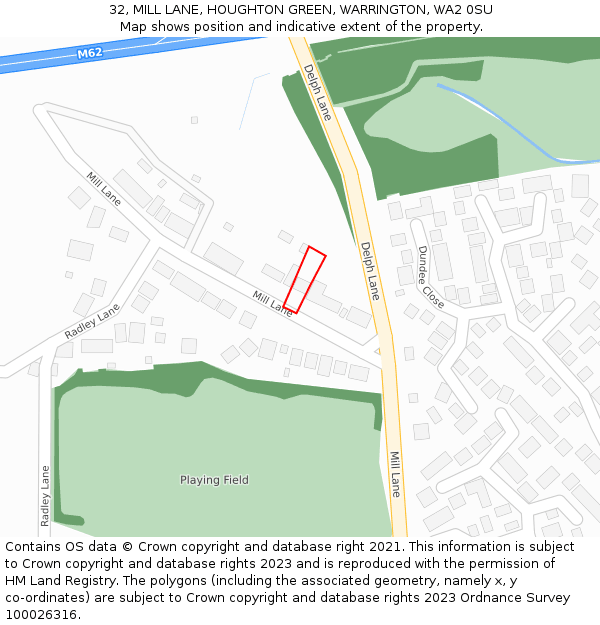 32, MILL LANE, HOUGHTON GREEN, WARRINGTON, WA2 0SU: Location map and indicative extent of plot