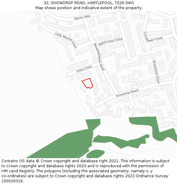 32, SNOWDROP ROAD, HARTLEPOOL, TS26 0WG: Location map and indicative extent of plot