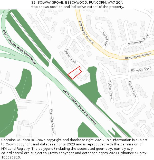 32, SOLWAY GROVE, BEECHWOOD, RUNCORN, WA7 2QN: Location map and indicative extent of plot