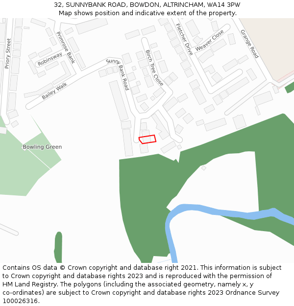 32, SUNNYBANK ROAD, BOWDON, ALTRINCHAM, WA14 3PW: Location map and indicative extent of plot