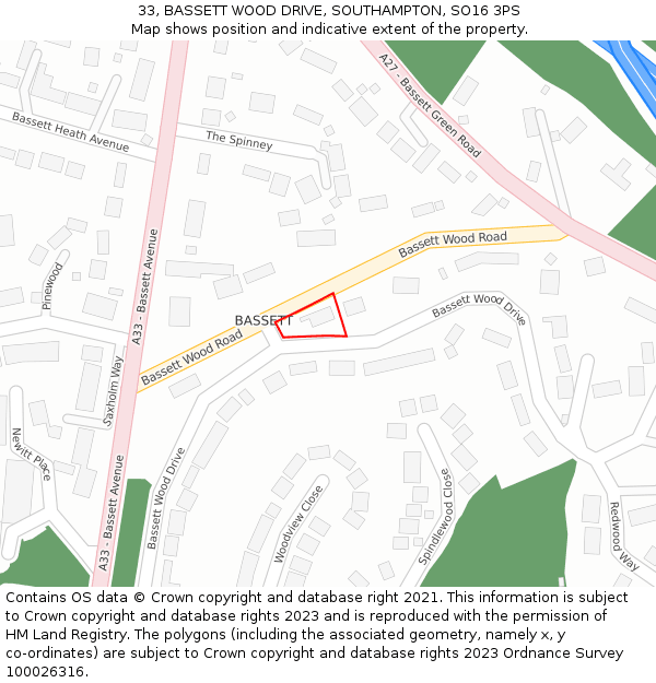 33, BASSETT WOOD DRIVE, SOUTHAMPTON, SO16 3PS: Location map and indicative extent of plot