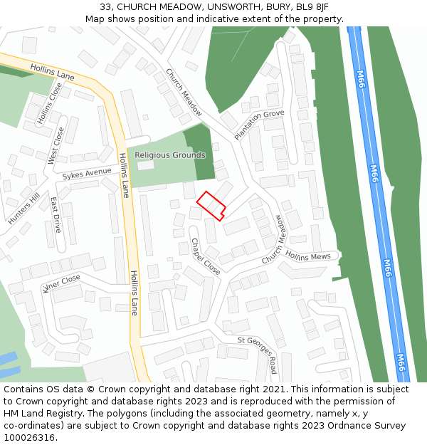 33, CHURCH MEADOW, UNSWORTH, BURY, BL9 8JF: Location map and indicative extent of plot