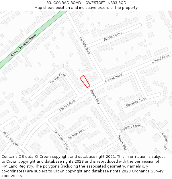 33, CONRAD ROAD, LOWESTOFT, NR33 8QD: Location map and indicative extent of plot