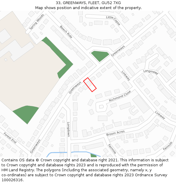 33, GREENWAYS, FLEET, GU52 7XG: Location map and indicative extent of plot