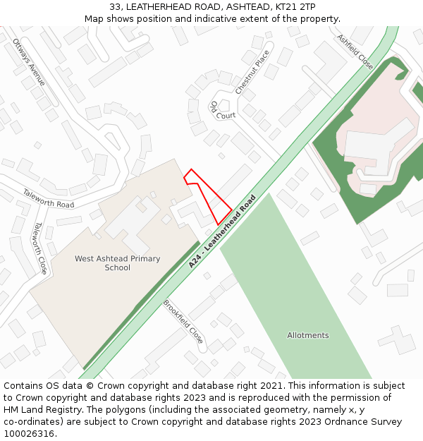 33, LEATHERHEAD ROAD, ASHTEAD, KT21 2TP: Location map and indicative extent of plot