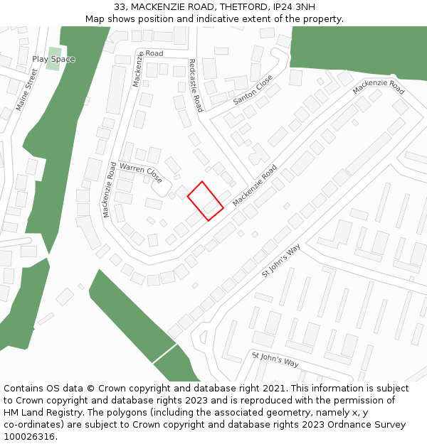 33, MACKENZIE ROAD, THETFORD, IP24 3NH: Location map and indicative extent of plot