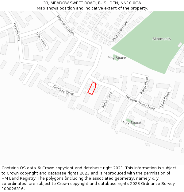 33, MEADOW SWEET ROAD, RUSHDEN, NN10 0GA: Location map and indicative extent of plot