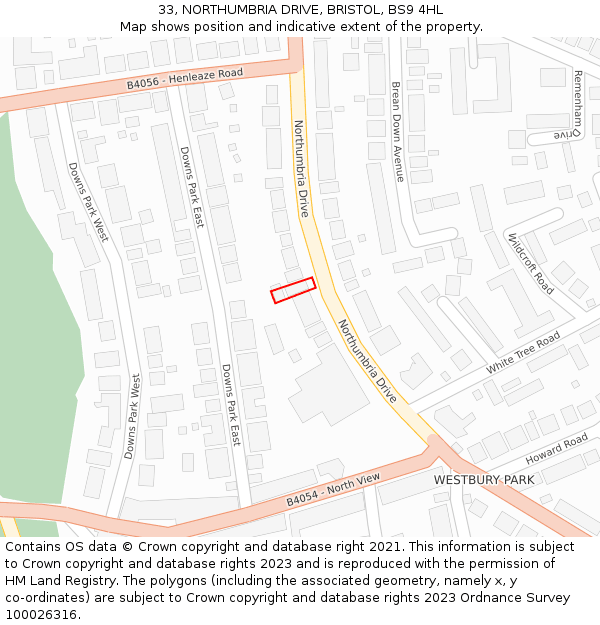 33, NORTHUMBRIA DRIVE, BRISTOL, BS9 4HL: Location map and indicative extent of plot