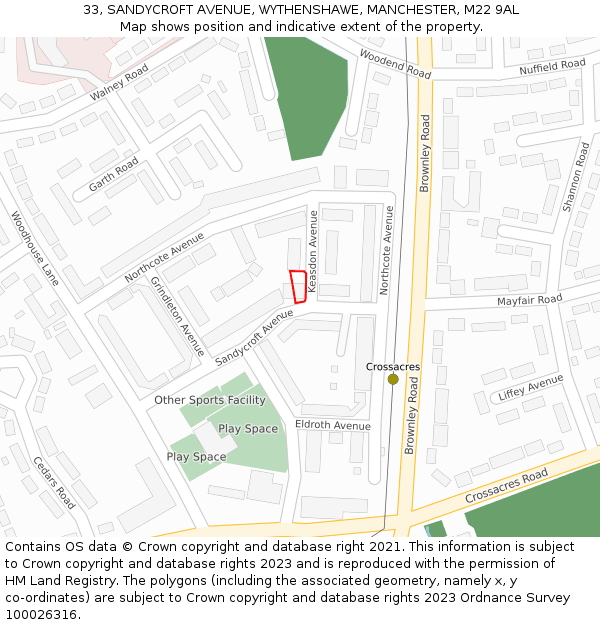 33, SANDYCROFT AVENUE, WYTHENSHAWE, MANCHESTER, M22 9AL: Location map and indicative extent of plot