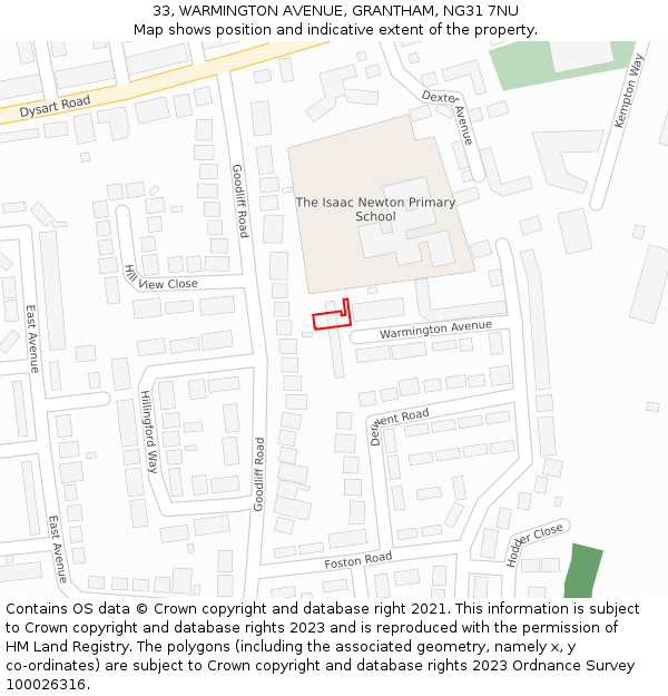 33, WARMINGTON AVENUE, GRANTHAM, NG31 7NU: Location map and indicative extent of plot