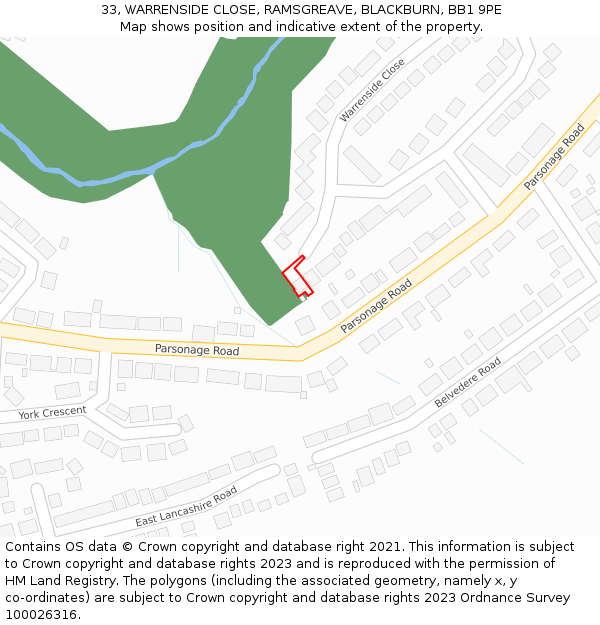 33, WARRENSIDE CLOSE, RAMSGREAVE, BLACKBURN, BB1 9PE: Location map and indicative extent of plot