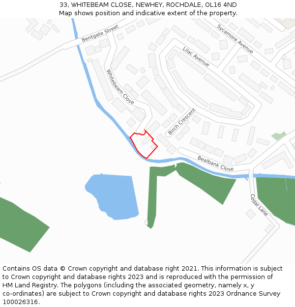 33, WHITEBEAM CLOSE, NEWHEY, ROCHDALE, OL16 4ND: Location map and indicative extent of plot