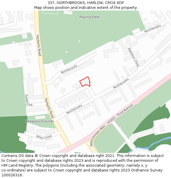 337, NORTHBROOKS, HARLOW, CM19 4DP: Location map and indicative extent of plot