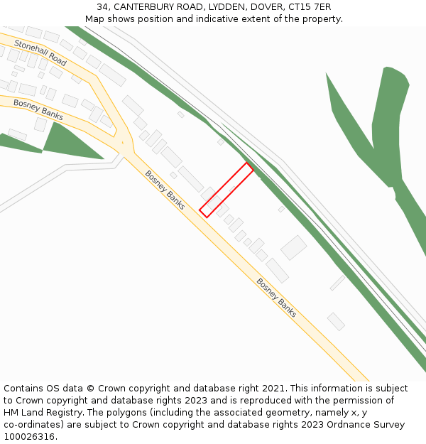 34, CANTERBURY ROAD, LYDDEN, DOVER, CT15 7ER: Location map and indicative extent of plot