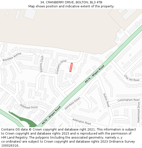 34, CRANBERRY DRIVE, BOLTON, BL3 4TB: Location map and indicative extent of plot