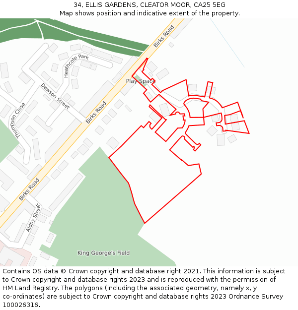 34, ELLIS GARDENS, CLEATOR MOOR, CA25 5EG: Location map and indicative extent of plot