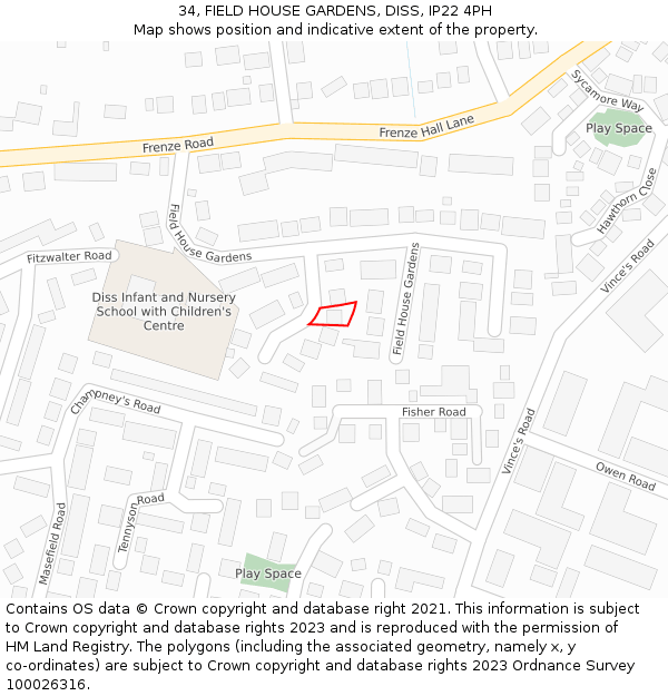 34, FIELD HOUSE GARDENS, DISS, IP22 4PH: Location map and indicative extent of plot