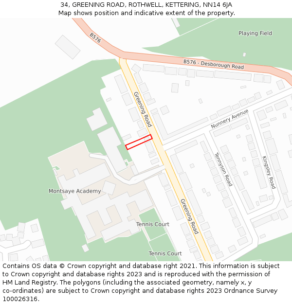 34, GREENING ROAD, ROTHWELL, KETTERING, NN14 6JA: Location map and indicative extent of plot