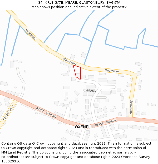 34, KIRLE GATE, MEARE, GLASTONBURY, BA6 9TA: Location map and indicative extent of plot