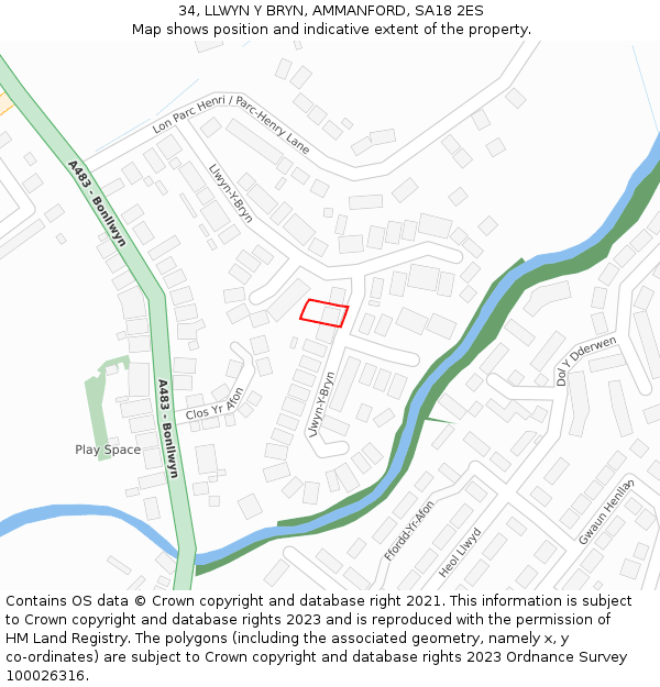 34, LLWYN Y BRYN, AMMANFORD, SA18 2ES: Location map and indicative extent of plot