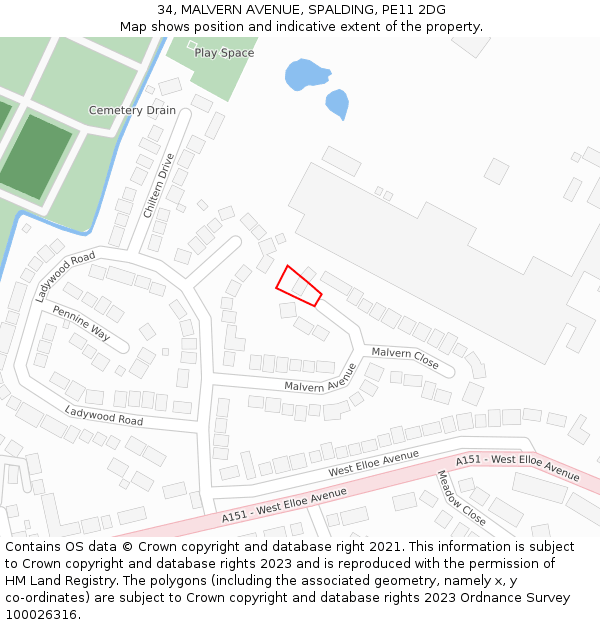 34, MALVERN AVENUE, SPALDING, PE11 2DG: Location map and indicative extent of plot