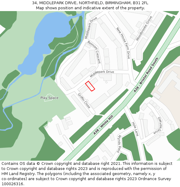 34, MIDDLEPARK DRIVE, NORTHFIELD, BIRMINGHAM, B31 2FL: Location map and indicative extent of plot