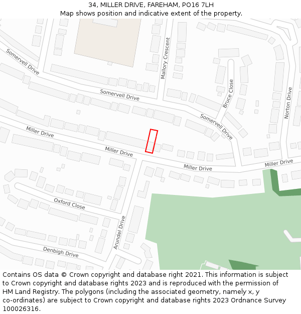 34, MILLER DRIVE, FAREHAM, PO16 7LH: Location map and indicative extent of plot