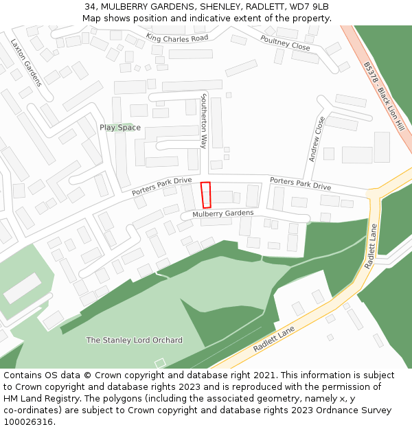 34, MULBERRY GARDENS, SHENLEY, RADLETT, WD7 9LB: Location map and indicative extent of plot