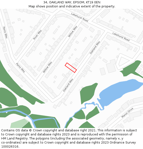 34, OAKLAND WAY, EPSOM, KT19 0EN: Location map and indicative extent of plot