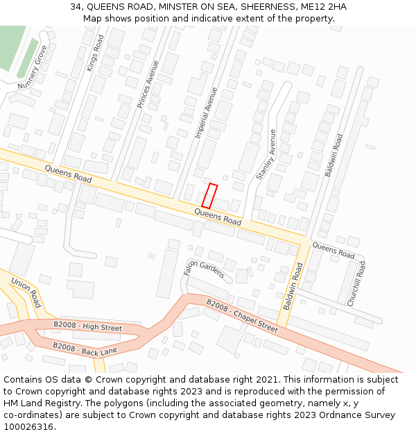 34, QUEENS ROAD, MINSTER ON SEA, SHEERNESS, ME12 2HA: Location map and indicative extent of plot