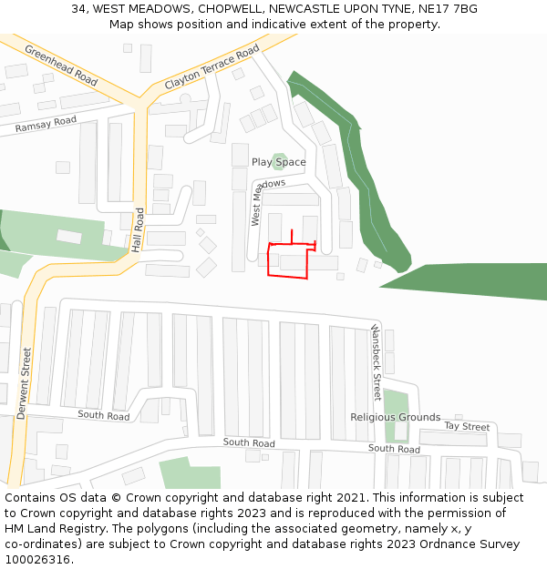 34, WEST MEADOWS, CHOPWELL, NEWCASTLE UPON TYNE, NE17 7BG: Location map and indicative extent of plot