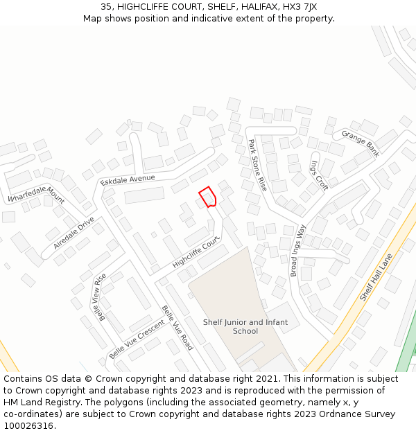 35, HIGHCLIFFE COURT, SHELF, HALIFAX, HX3 7JX: Location map and indicative extent of plot