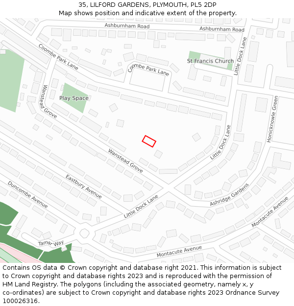 35, LILFORD GARDENS, PLYMOUTH, PL5 2DP: Location map and indicative extent of plot