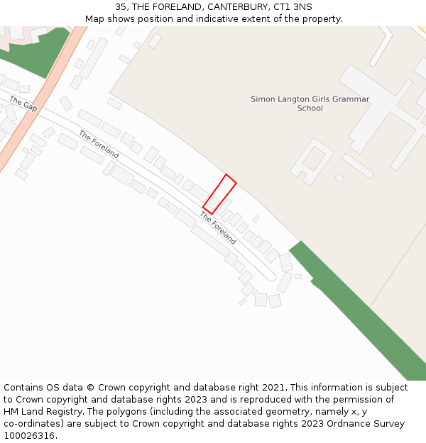 35, THE FORELAND, CANTERBURY, CT1 3NS: Location map and indicative extent of plot