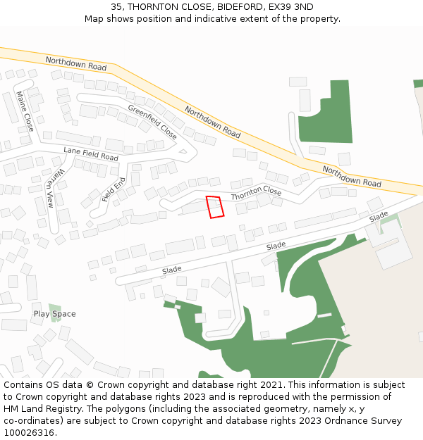 35, THORNTON CLOSE, BIDEFORD, EX39 3ND: Location map and indicative extent of plot