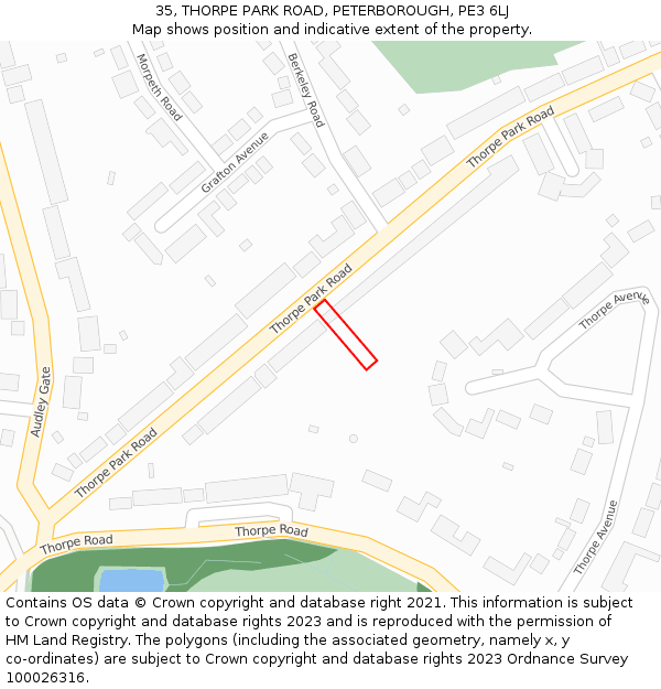 35, THORPE PARK ROAD, PETERBOROUGH, PE3 6LJ: Location map and indicative extent of plot