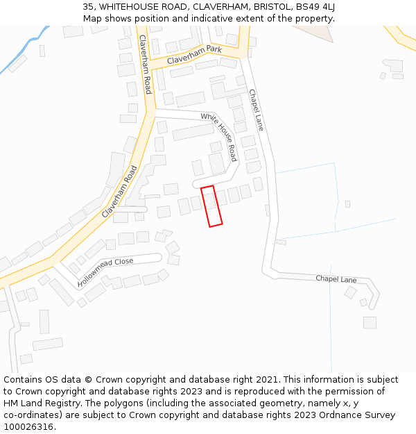 35, WHITEHOUSE ROAD, CLAVERHAM, BRISTOL, BS49 4LJ: Location map and indicative extent of plot