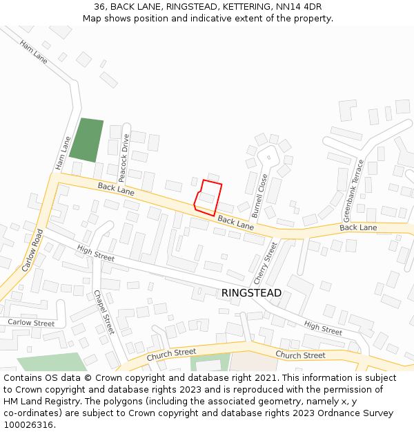 36, BACK LANE, RINGSTEAD, KETTERING, NN14 4DR: Location map and indicative extent of plot