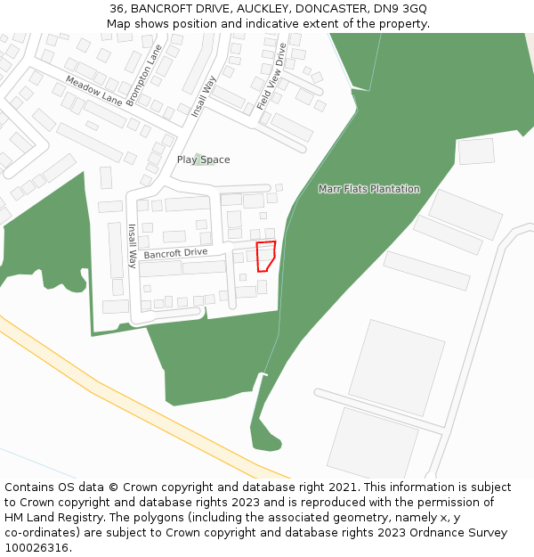 36, BANCROFT DRIVE, AUCKLEY, DONCASTER, DN9 3GQ: Location map and indicative extent of plot