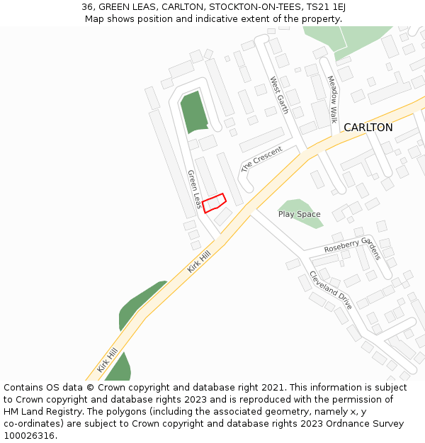 36, GREEN LEAS, CARLTON, STOCKTON-ON-TEES, TS21 1EJ: Location map and indicative extent of plot