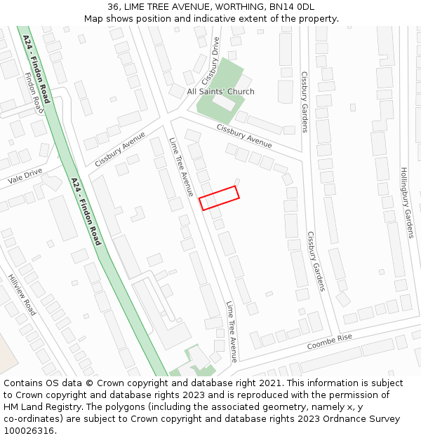 36, LIME TREE AVENUE, WORTHING, BN14 0DL: Location map and indicative extent of plot