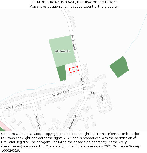 36, MIDDLE ROAD, INGRAVE, BRENTWOOD, CM13 3QN: Location map and indicative extent of plot