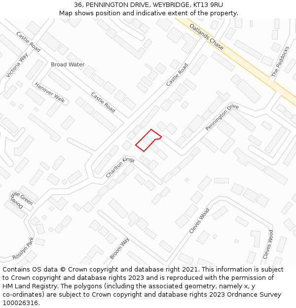 36, PENNINGTON DRIVE, WEYBRIDGE, KT13 9RU: Location map and indicative extent of plot