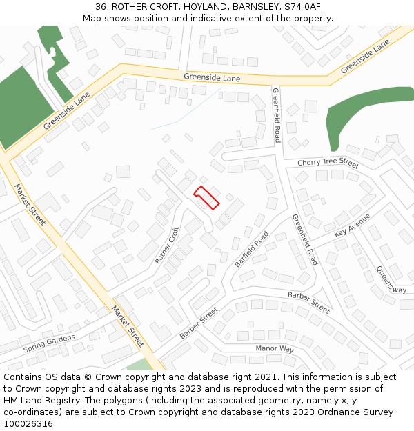 36, ROTHER CROFT, HOYLAND, BARNSLEY, S74 0AF: Location map and indicative extent of plot