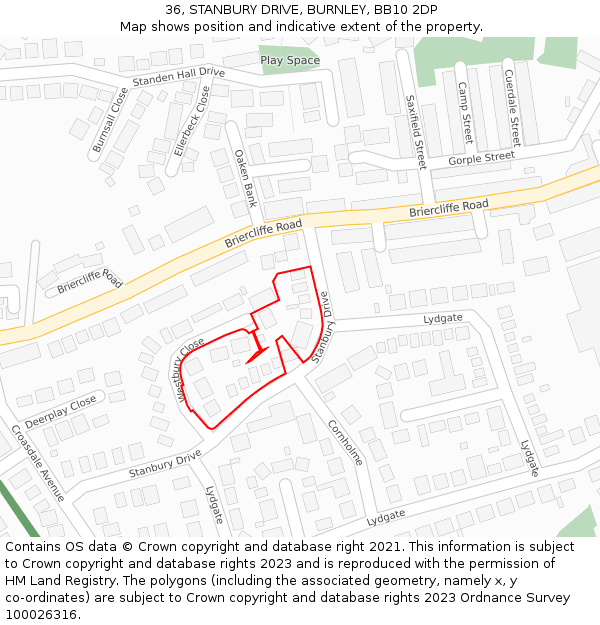 36, STANBURY DRIVE, BURNLEY, BB10 2DP: Location map and indicative extent of plot