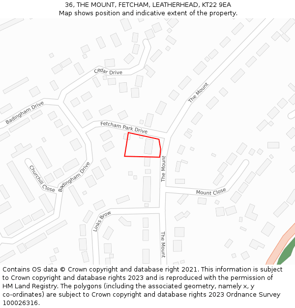 36, THE MOUNT, FETCHAM, LEATHERHEAD, KT22 9EA: Location map and indicative extent of plot