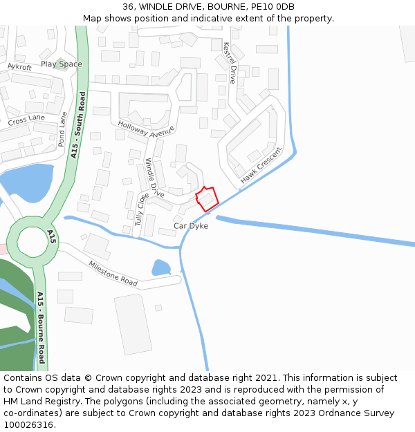 36, WINDLE DRIVE, BOURNE, PE10 0DB: Location map and indicative extent of plot